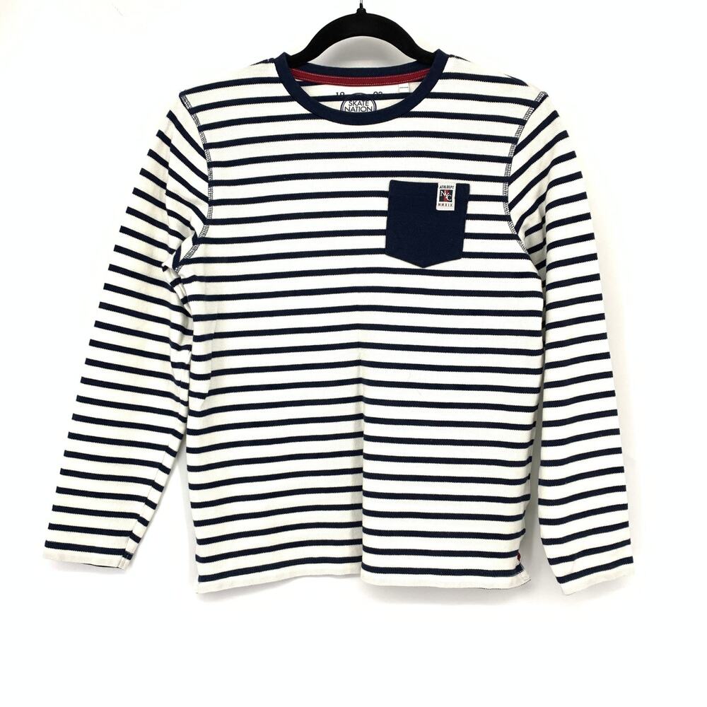 Skate Nation Long Sleeve Crew Neck T-Shirt Boys Size 158 US L Blue White Stripe